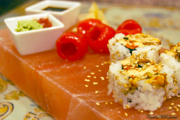Sushi served on a chilled salt block